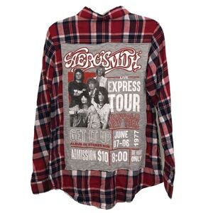 Navy, & Red Plaid Button Down W/ Aerosmith Patch